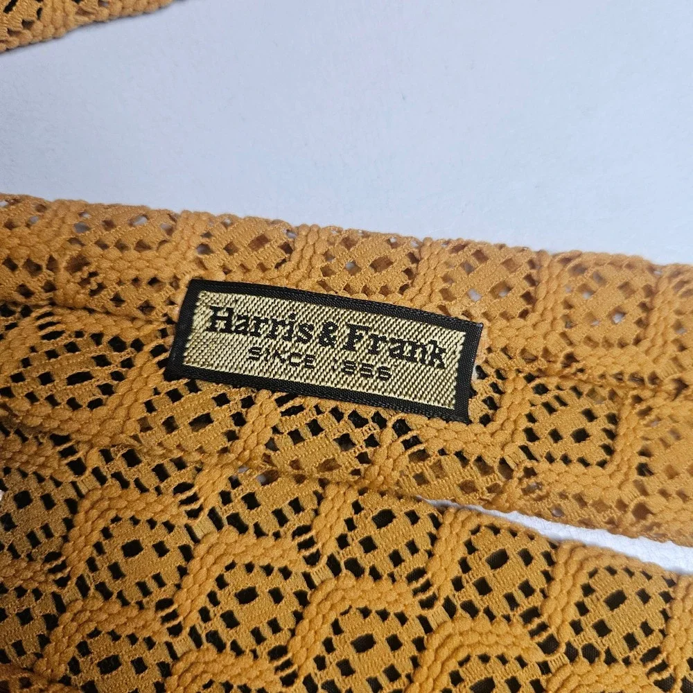 Vtg Harris & Frank Castle Mustard Yellow Crochet Knit Lace Necktie Retro Gold